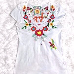 Johnny Was White love hummingbird Floral Embroidered V-Neck